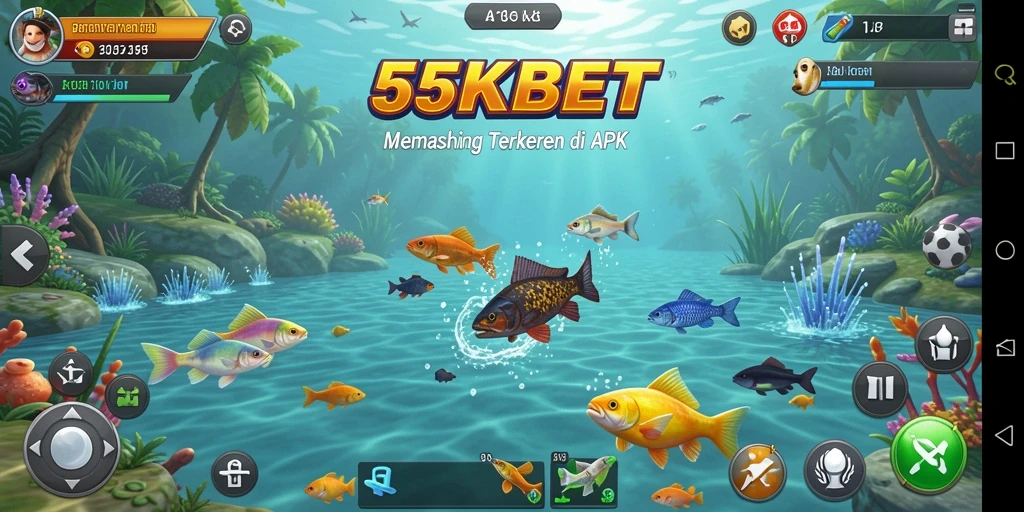 Screenshot gameplay 55KBET menampilkan aksi memancing yang seru dan berwarna.