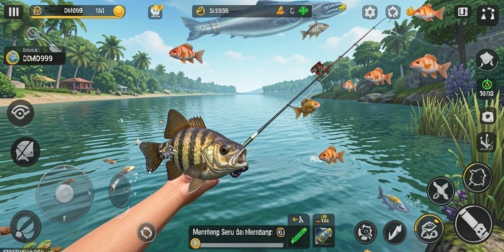 Tampilan gameplay DMD999 dengan aktivitas memancing yang seru.