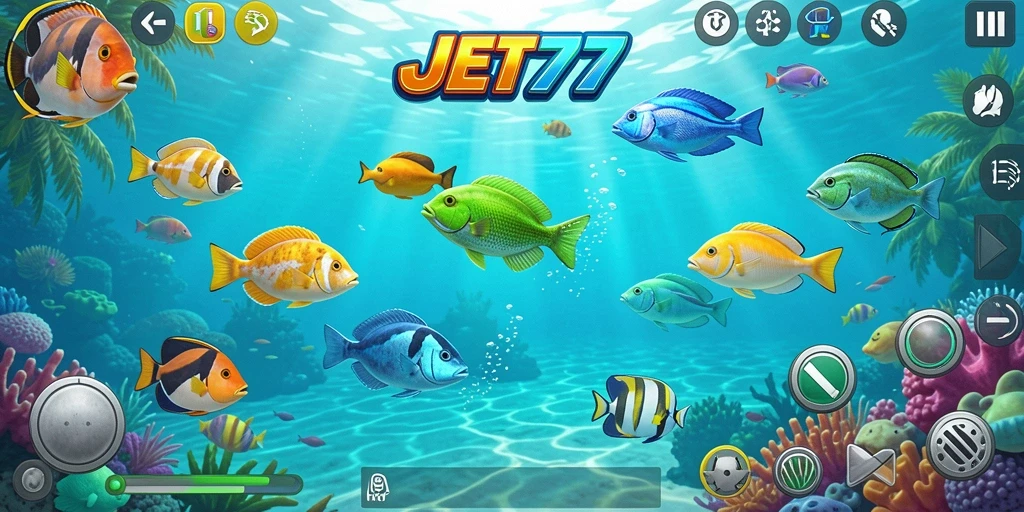 Screenshot gameplay JET77 menampilkan aksi menangkap ikan yang menegangkan.