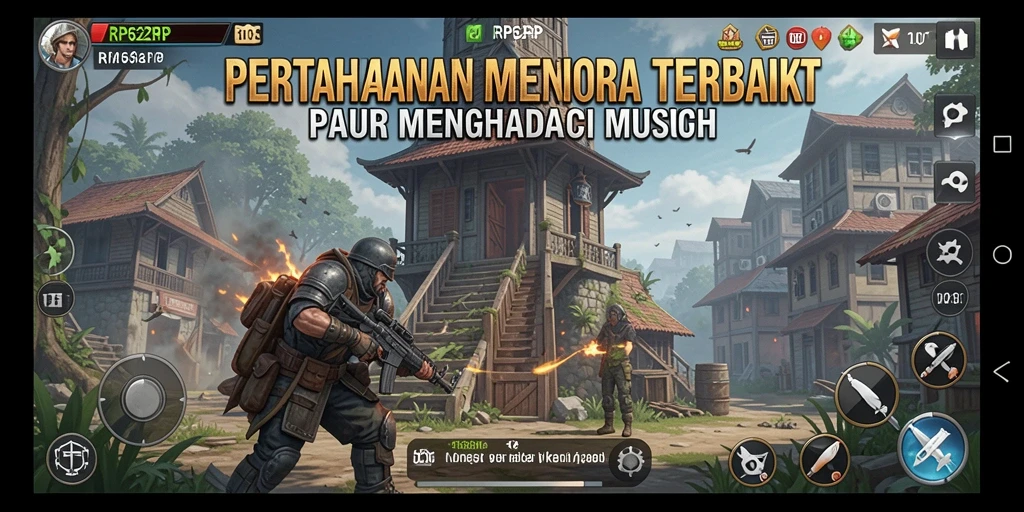 Screenshot gameplay RP62RP menunjukkan menara dan musuh yang saling bertarung.