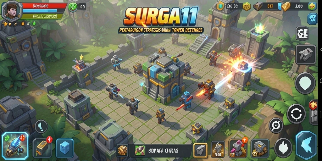 Tampilan menarik dari gameplay menara pertahanan di SURGA11.